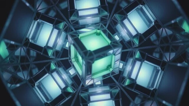 Starting cyan glow translucent cube shifting, rotating, forming mirror tunnel inside lattice