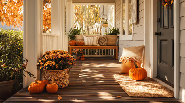 Cozy autumn front porch decorated with pumpkins, chrysanthemums, woven baskets and warm textiles, bathed in golden sunlight. Seasonal home exterior concept for fall decor, real estate and lifestyle.