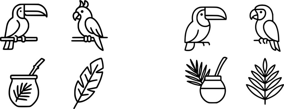 A vibrant parrot perches atop a branch in a lush tropical setting, surrounded by exotic leaves and a refreshing drink, symbolizing natures essence and tranquility