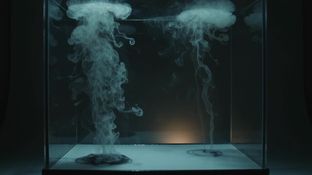 Emitting floor diffusers forming white plumes rising in glass tank in lab for observation