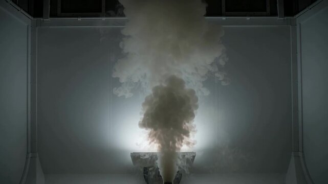 Nozzle emitting pale smoke plume rising upward in lab room, with backlight for testing