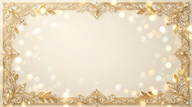 An elegant and luxurious horizontal background featuring an ornate golden border decorated with sparkling diamonds, crystals, and delicate filigree leaf patterns.
