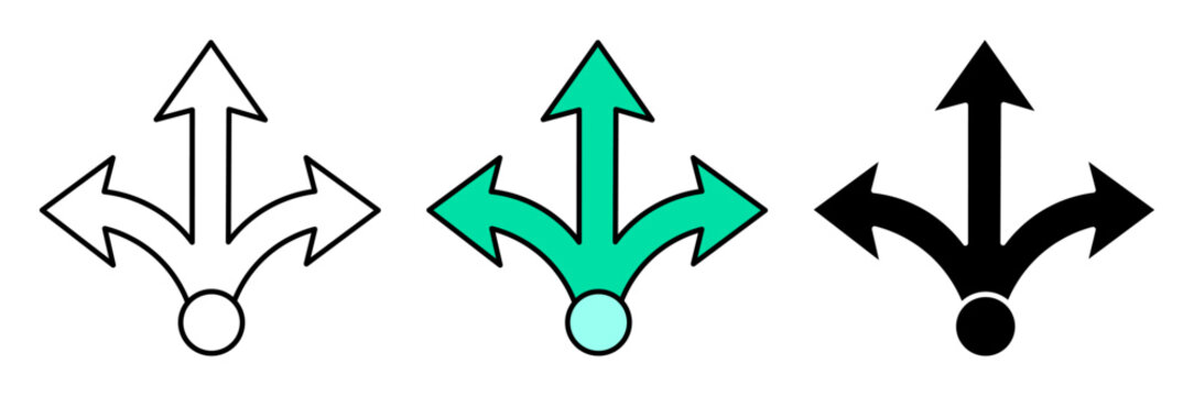 three way split arrow icon set showing directional choice path and options vector