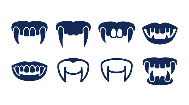Vampire fangs and teeth vector icons. Dark stylized dental illustrations. Canine, incisor, fang, molar, vampire teeth. Vector illustration.