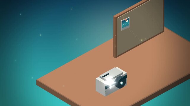 Isometric camera and photo board on a brown platform seamless loop