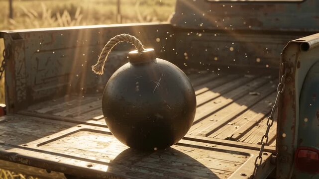 Cinematic close-up of a classic vintage cartoon-style black spherical bomb with a rope fuse sitting in the back of a rusty old pickup truck during a warm golden hour sunset with dust particles.