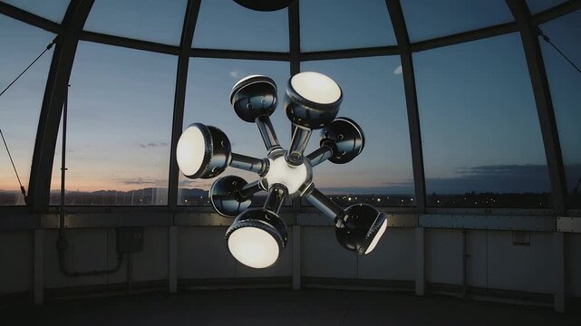 Pulling back camera revealing sculpture rotating in glass dome, center hub with six chrome lights