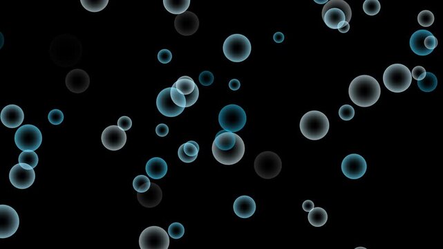 Bubbles animation displays floating spherical elements across dark space. Fluid ambient kinetic motion graphics define bubbles animation. Visual depth shapes bubbles.