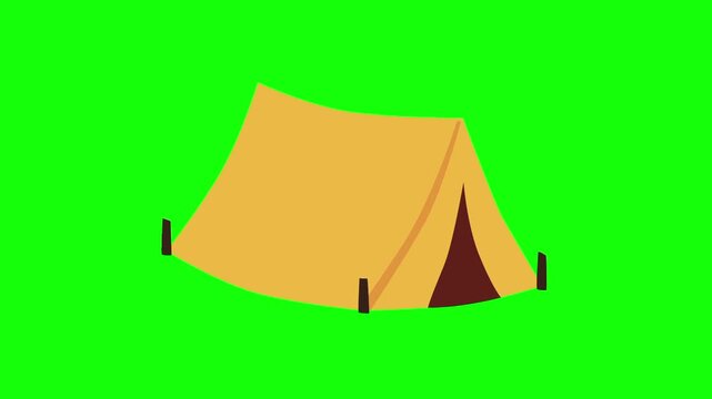 Animated outdoor camping tent. Vacation and travel icon sign, isolated on green screen. Vector cartoon animation. Triangle, shelter, recreation and adventure gear symbol. Minimalist illustration