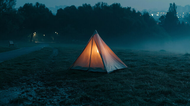 Small illuminated tent set on grassy field during foggy evening at parkland landscape setting for adventure camping trip.