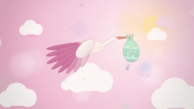 Pink stork carrying a baby bundle across a cloudy pink sky