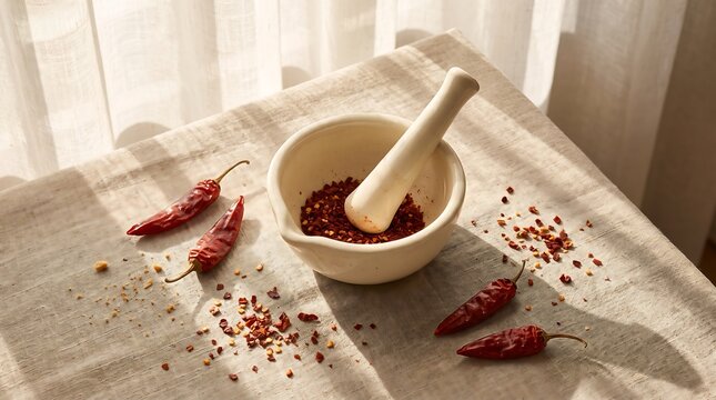 A ceramic mortar and pestle filled with aleppo pepper flakes surrounded by dry chili peppers on a rustic table