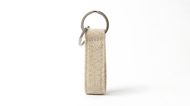 Beige fabric keychain with a metal ring for keys. basic keychain design