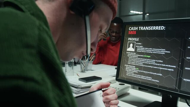 Young Caucasian specialist monitoring cyber fraud screen while African American colleague talks on telephone. Ideal for digital security training and financial scam awareness videos