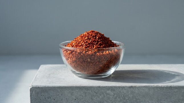 A small glass bowl filled with crushed aleppo pepper flakes placed on a concrete block with a neutral background