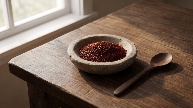 A small rustic stone bowl filled with dark red aleppo pepper flakes on a weathered wooden kitchen table