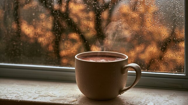 Hot chocolate autumn scenes feel especially inviting beside a rain-covered window where a steaming ceramic mug rests on pale stone, amber trees blur beyond the glass