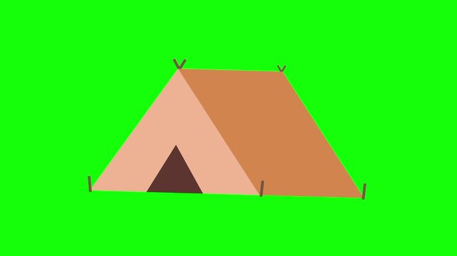 Animated outdoor camping tent. Vacation and travel icon sign, isolated on green screen. Vector cartoon animation. Triangle, shelter, recreation and adventure gear symbol. Minimalist illustration