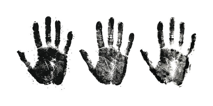 Three black hand prints with textured ink stamps