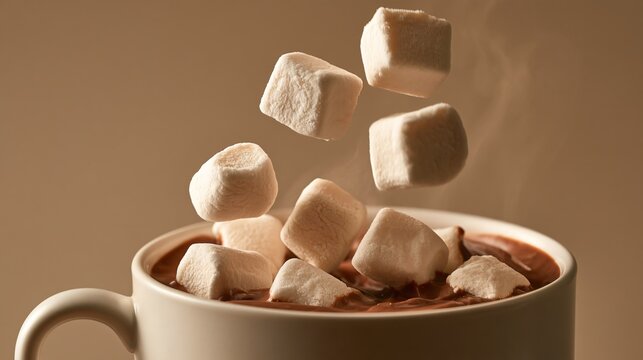 Hot chocolate autumn scenes gain visual energy as mini marshmallows fall toward a cup from above, with several pieces suspended in midair