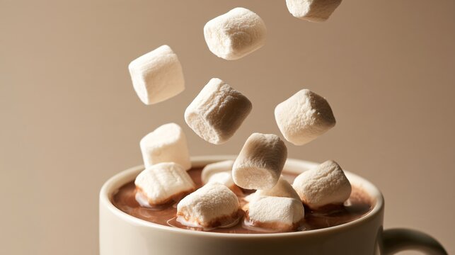 Hot chocolate autumn scenes gain visual energy as mini marshmallows fall toward a cup from above, with several pieces suspended in midair
