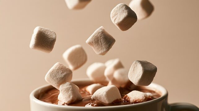 Hot chocolate autumn scenes gain visual energy as mini marshmallows fall toward a cup from above, with several pieces suspended in midair