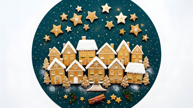 Gingerbread village with cookie houses and stars on a dark green background