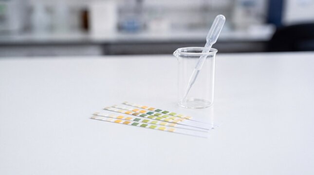 Scientific pH test strips on white lab table, glass beaker with liquid and pipette, chemical analysis and medical diagnostic indicator equipment