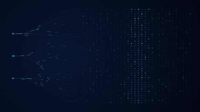 Seamless 4K loop of a complex artificial intelligence concept. Three data sources on the left branch out and feed into a highly interconnected deep learning dot matrix mesh on a dark blue background.