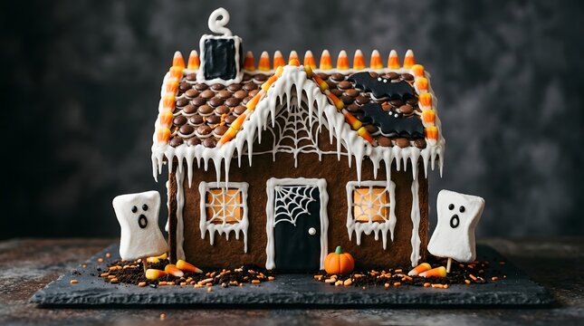 Spooky halloween gingerbread house decorated with candy corn, spider webs, bats, and marshmallow ghosts on a dark slate background