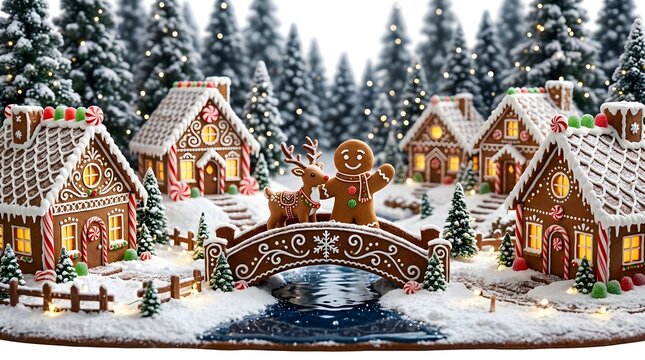 Festive gingerbread village with a cheerful gingerbread man and reindeer standing on a bridge over a small stream in a snowy winter forest landscape