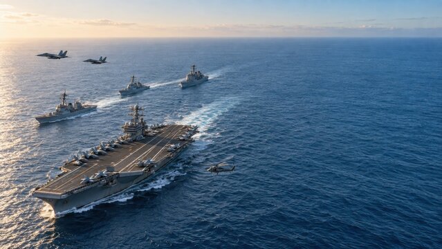 Aircraft Carrier Strike Group Sailing in Formation with Fighter Jets and Helicopter at Sunset