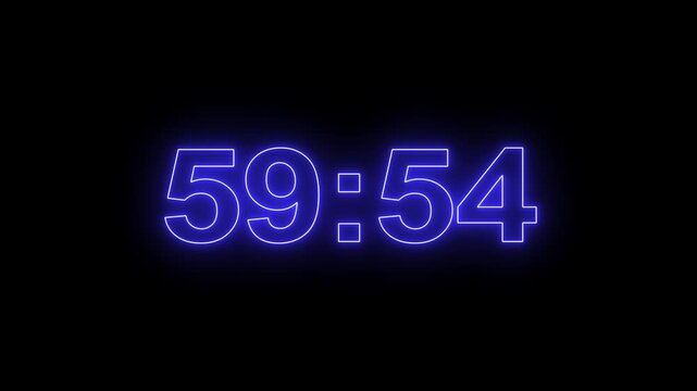 Glowing neon 60 minute Countdown. neon 60 to 59 minute Countdown timer on black background. neon Countdown timer from 60 minute to 59 minute suitable for presentations, educational.