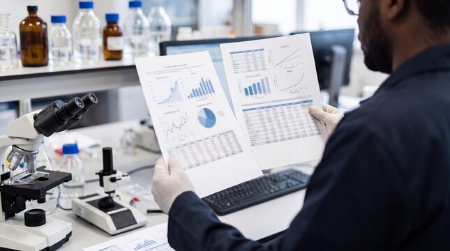 Scientist analyzing data charts in laboratory, research scientist reviewing clinical report results, medical analytics concept