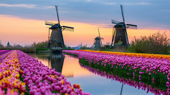 Three traditional dutch windmills stand tall amidst a vibrant field of colorful purple and yellow tulips during a bright morning.