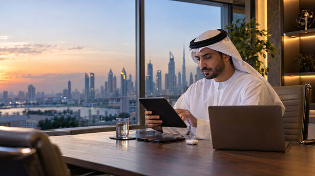 Young Arab businessman using a tablet in a high-rise office at dusk