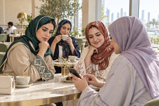 Arab women share a phone during a cafe conversation