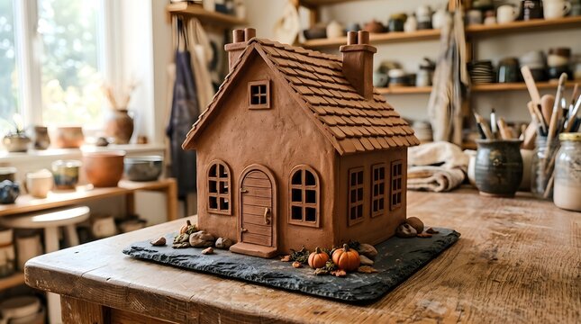 A detailed clay model of a house sitting on a slate base in a rustic pottery workshop, surrounded by tools and ceramic supplies