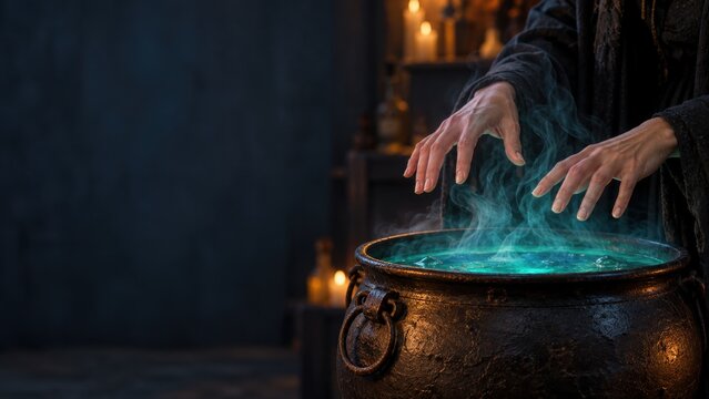 Closeup of Witch Hands Casting Spell Above Steaming Turquoise Potion with Copy Space