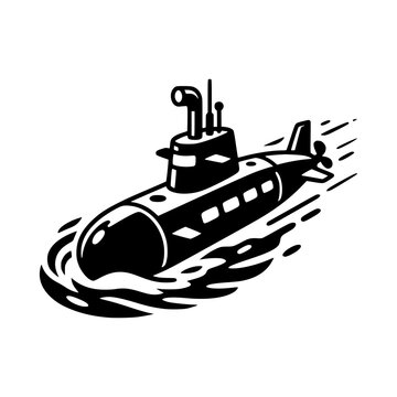 Black and White Submarine Illustration Moving Through Water