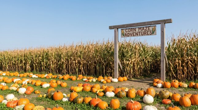 Pumpkin patch entrance with wooden Corn Maze Adventures sign. Harvest pumpkins and gourds scattered before a tall maize field. Autumn agritourism and Halloween attraction