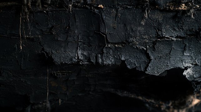 A deteriorated ceiling surface becomes abstract dark Halloween textures through cracked black plaster, exposed fibers, hanging fragments, uneven moisture rings