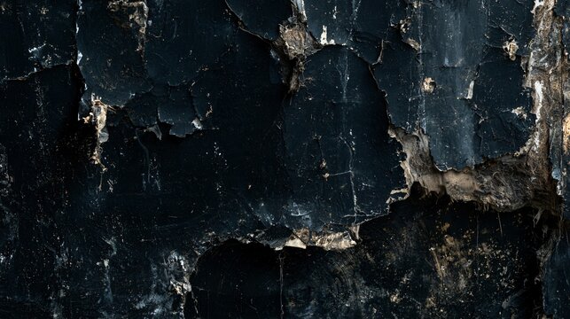 A deteriorated ceiling surface becomes abstract dark Halloween textures through cracked black plaster, exposed fibers, hanging fragments, uneven moisture rings