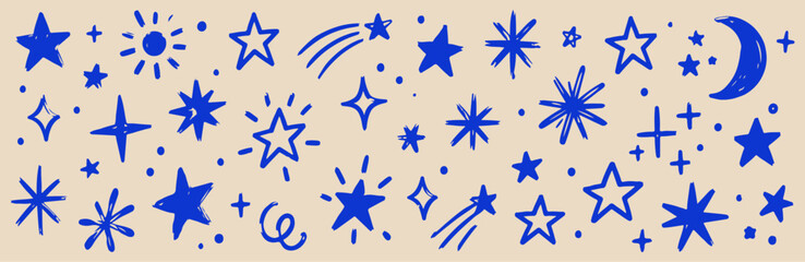 Fototapeta premium Hand Drawn Star and Sparkle Doodles Set, Blue Celestial Symbols with Crescent Moon