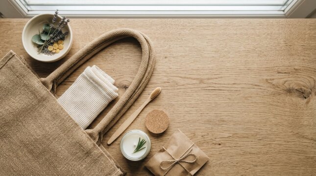 Sustainable lifestyle flat lay with reusable jute bag, bamboo toothbrush, and natural candle on wooden background. Zero waste and eco friendly products with copy space