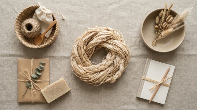 Eco friendly flat lay of natural handmade items on linen background. Woven raffia wreath, bar of soap, paper gift, and notebook. Zero waste and sustainable crafting concept