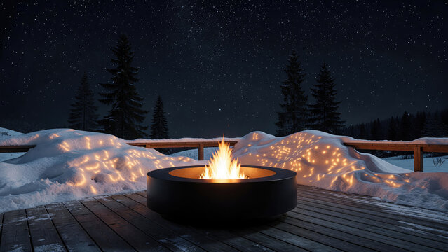Fire pit burning on a snowy deck beneath a starry winter sky at night. Snow-covered evergreen trees surround the patio. Winter outdoor living and seasonal gathering. Cozy retreat.