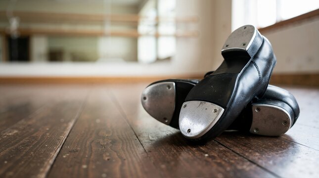 Close-up of black leather tap shoes on a wooden studio floor. Dance footwear with metal taps in a rehearsal hall with mirrored background. Tap dance practice concept