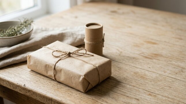 Eco friendly packaging mockup scene with wrapped box and cardboard tube. Sustainable gift wrap tied with twine on a rustic wooden table. Zero waste craft wrapping concept