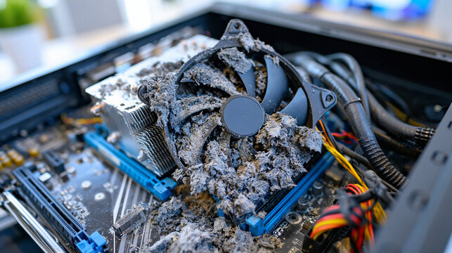 Close-up of a heavily dusty CPU cooling fan and aluminum heatsink inside a desktop computer case, clogged cooling fins and accumulated dust clearly visible, motherboard and power cables in backgroun